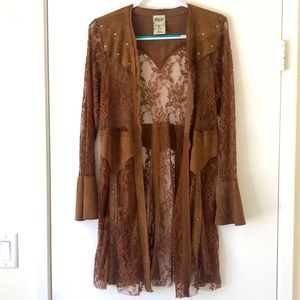 VOCAL STUDDED LACE & SUEDE cardigan duster vintage boho western brown LARGE